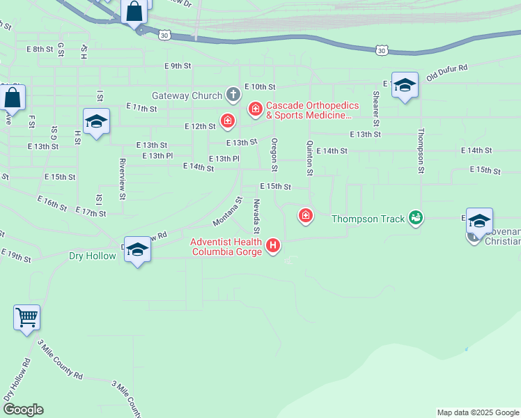 map of restaurants, bars, coffee shops, grocery stores, and more near 1628 Nevada Street in The Dalles