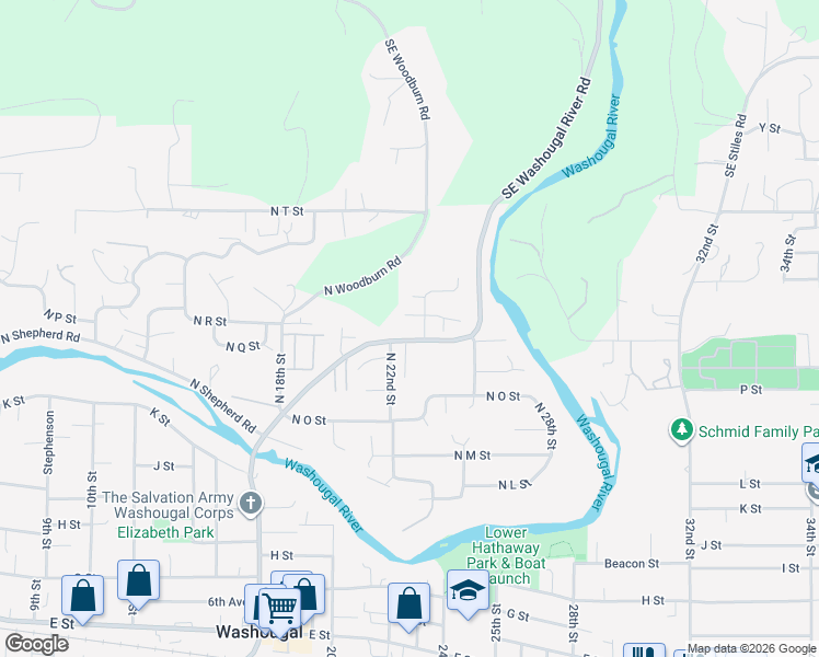 map of restaurants, bars, coffee shops, grocery stores, and more near 2215 North Washougal River Road in Washougal