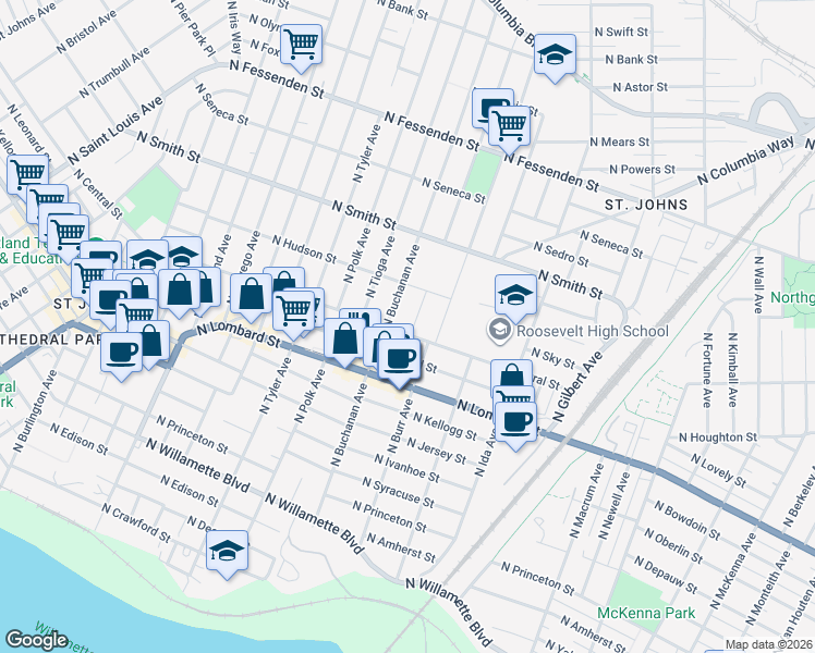map of restaurants, bars, coffee shops, grocery stores, and more near 7405 North Central Street in Portland