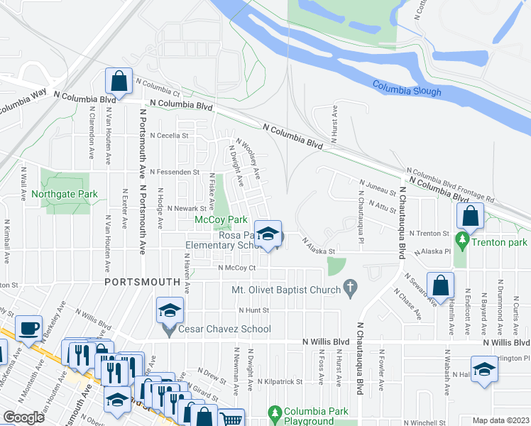 map of restaurants, bars, coffee shops, grocery stores, and more near 9211 North Woolsey Avenue in Portland