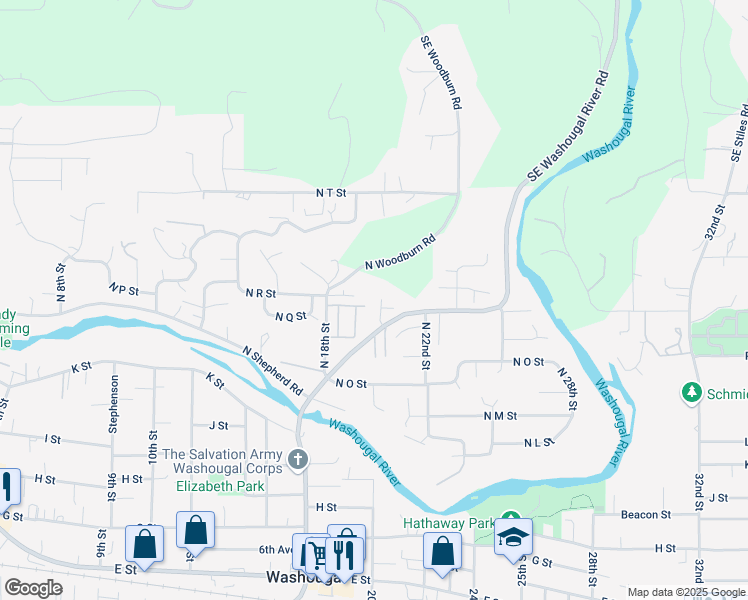 map of restaurants, bars, coffee shops, grocery stores, and more near 1761 North 20th Street in Washougal