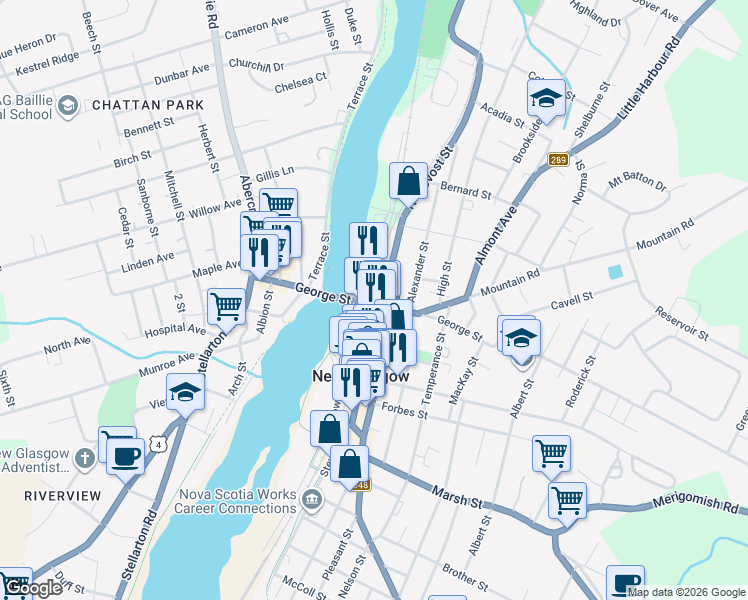 map of restaurants, bars, coffee shops, grocery stores, and more near 140 George Street in New Glasgow