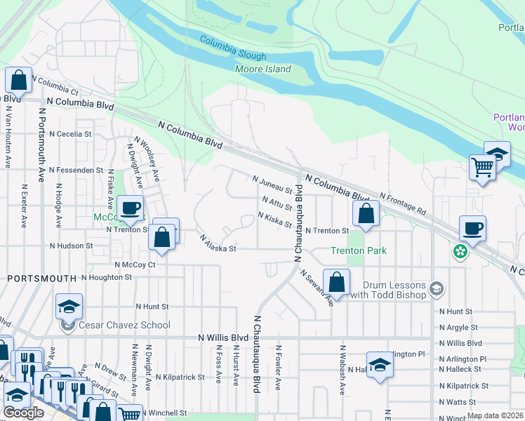 map of restaurants, bars, coffee shops, grocery stores, and more near 3939 North Kiska Street in Portland