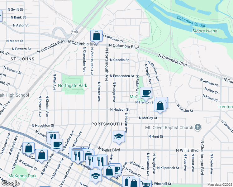 map of restaurants, bars, coffee shops, grocery stores, and more near 5122 North Newark Street in Portland