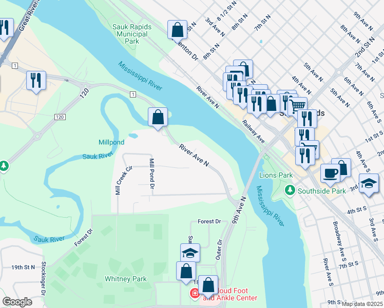 map of restaurants, bars, coffee shops, grocery stores, and more near 32268 County Road 1 in St. Cloud