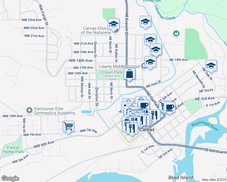 map of restaurants, bars, coffee shops, grocery stores, and more near 1318 Northeast Birch Street in Camas