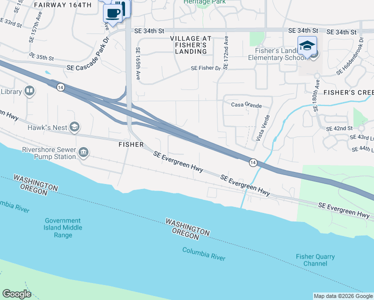 map of restaurants, bars, coffee shops, grocery stores, and more near 16828 Southeast Evergreen Highway in Vancouver
