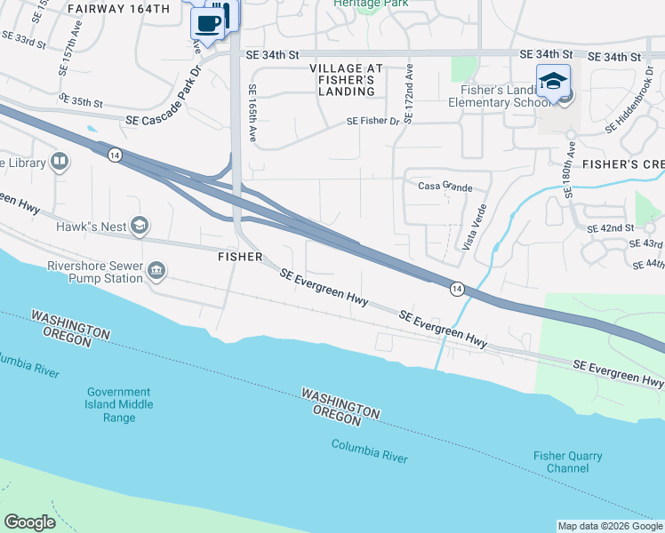 map of restaurants, bars, coffee shops, grocery stores, and more near 16828 Southeast Evergreen Highway in Vancouver