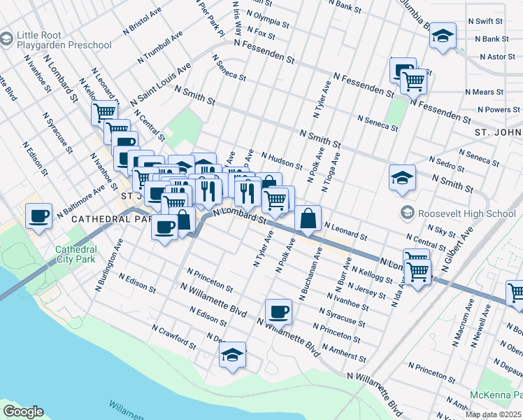map of restaurants, bars, coffee shops, grocery stores, and more near 8005 North Lombard Street in Portland