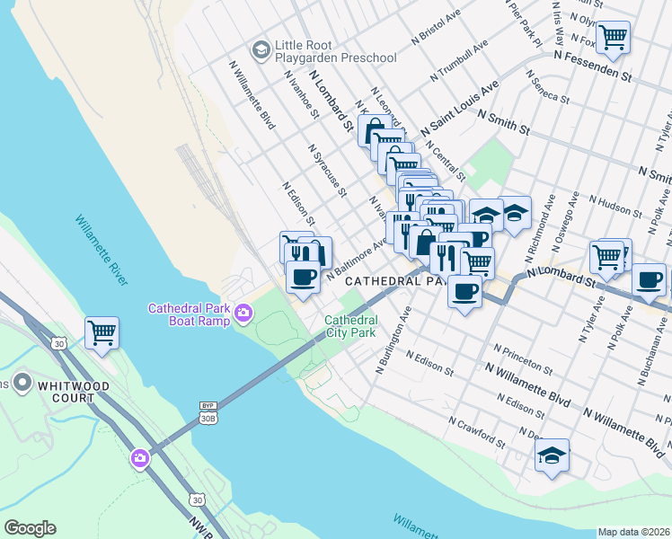 map of restaurants, bars, coffee shops, grocery stores, and more near 8845 North Decatur Street in Portland
