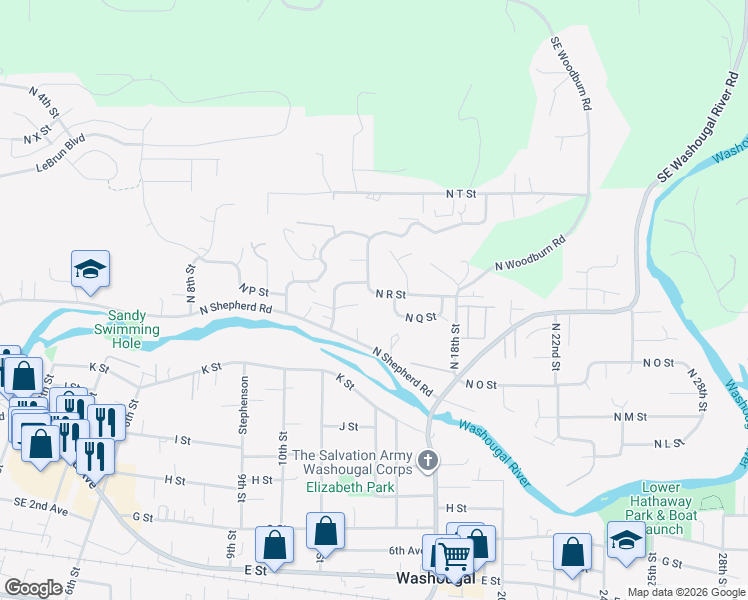 map of restaurants, bars, coffee shops, grocery stores, and more near 1456 North R Street in Washougal