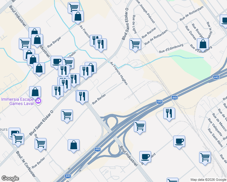 map of restaurants, bars, coffee shops, grocery stores, and more near 868 Rue Berlier in Laval