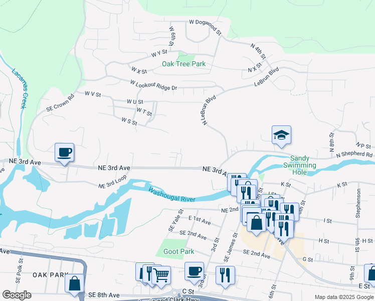 map of restaurants, bars, coffee shops, grocery stores, and more near 3009 Northeast 3rd Avenue in Camas