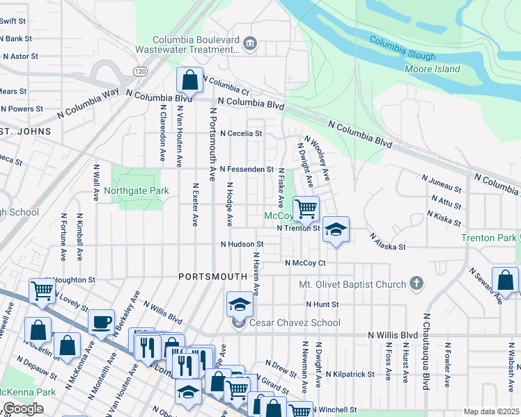 map of restaurants, bars, coffee shops, grocery stores, and more near 9237 North Haven Avenue in Portland