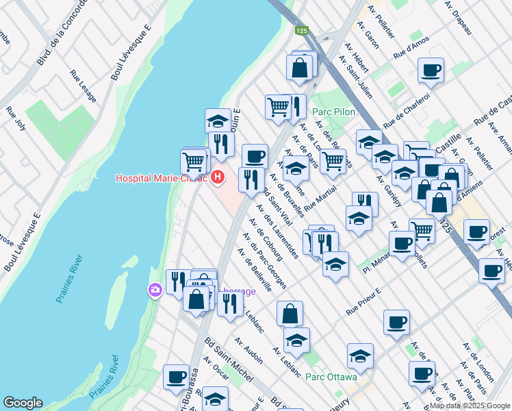 map of restaurants, bars, coffee shops, grocery stores, and more near 11120 Avenue des Laurentides in Montréal