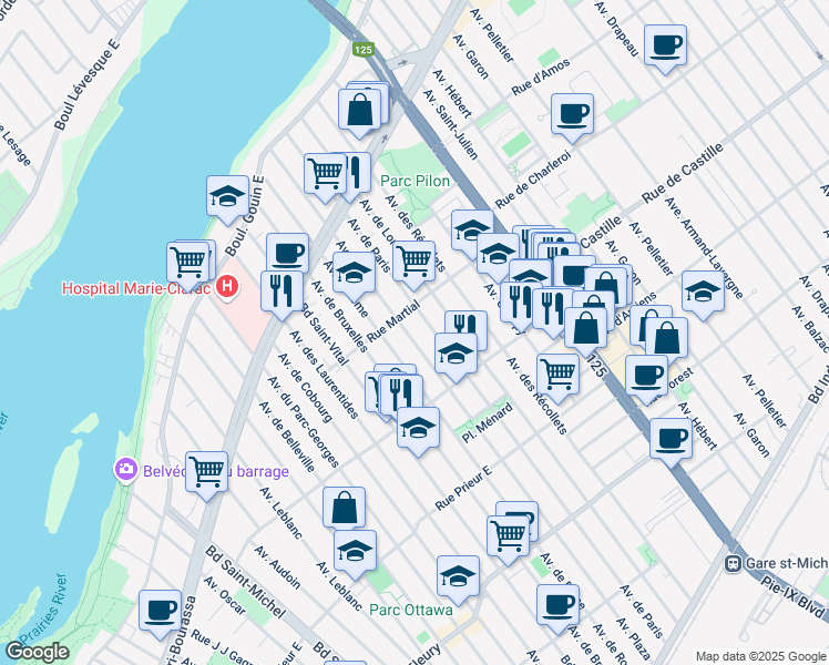 map of restaurants, bars, coffee shops, grocery stores, and more near 10947 Avenue Plaza in Montréal