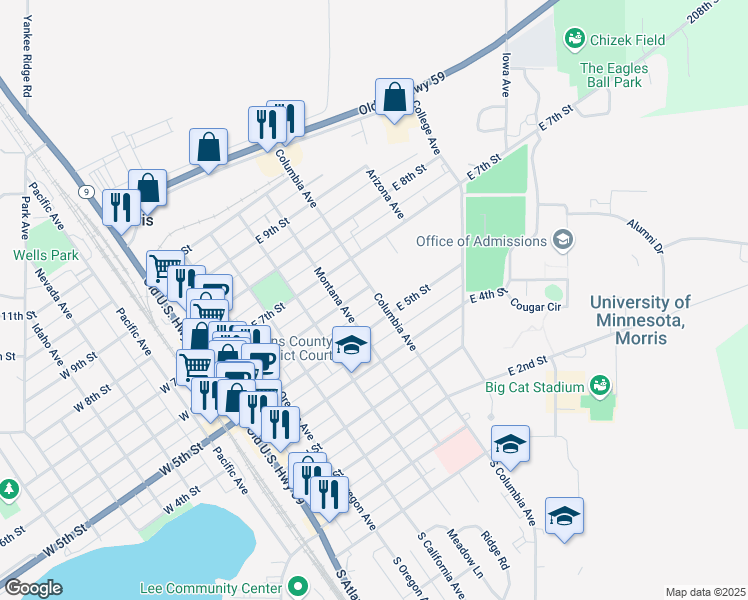 map of restaurants, bars, coffee shops, grocery stores, and more near 505 Columbia Avenue in Morris