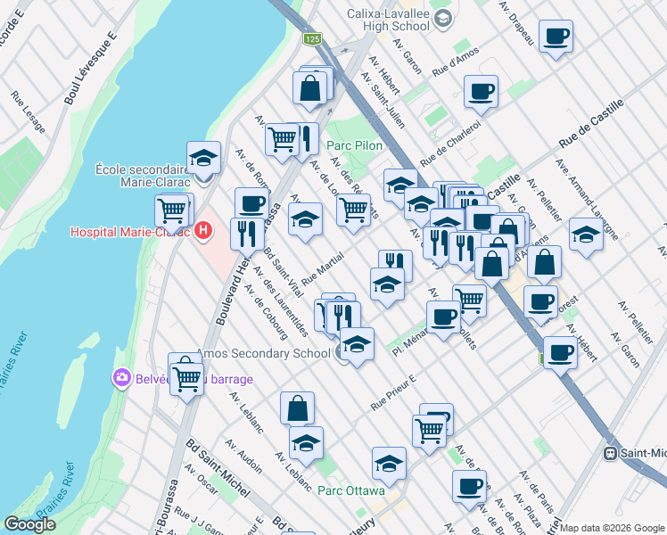 map of restaurants, bars, coffee shops, grocery stores, and more near 3772 Rue Martial in Montréal