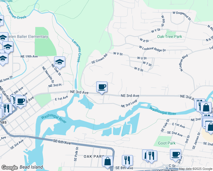 map of restaurants, bars, coffee shops, grocery stores, and more near 522 Province Drive in Camas