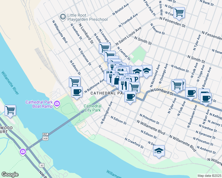 map of restaurants, bars, coffee shops, grocery stores, and more near 7227 North Philadelphia Avenue in Portland