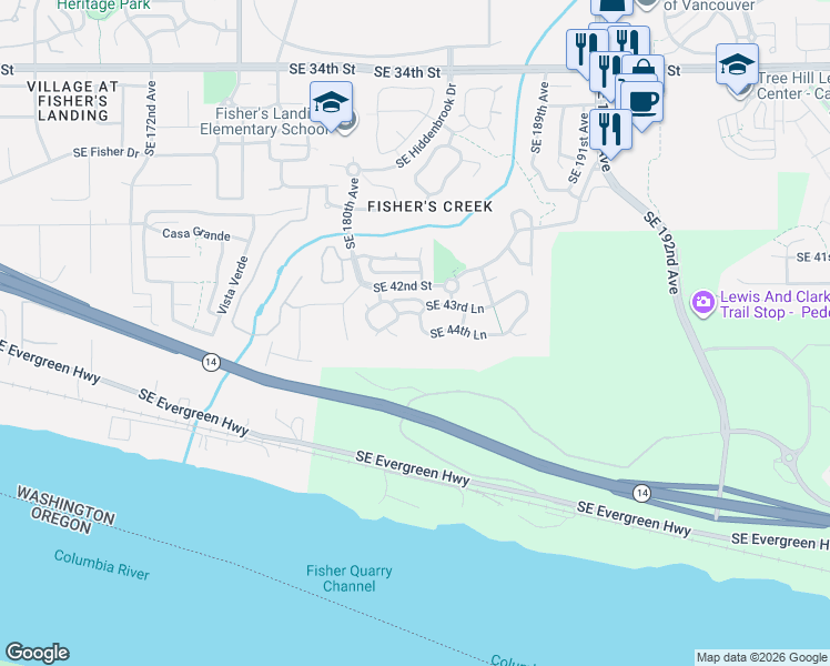 map of restaurants, bars, coffee shops, grocery stores, and more near 18309 Southeast 44th Lane in Vancouver