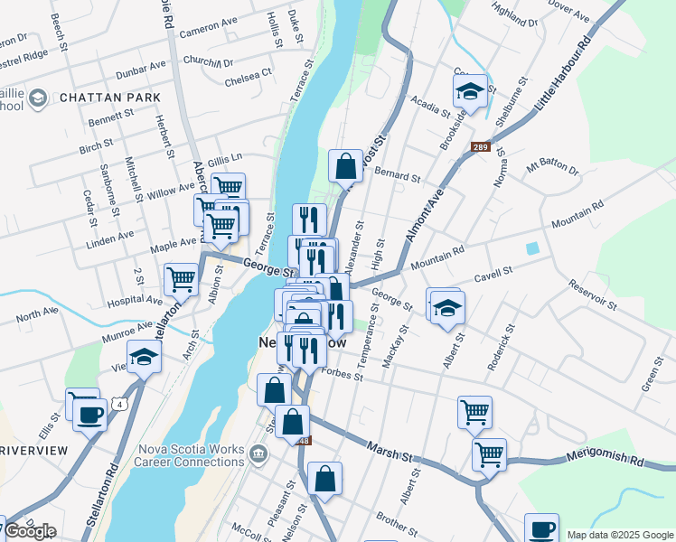 map of restaurants, bars, coffee shops, grocery stores, and more near 164 George Street in New Glasgow