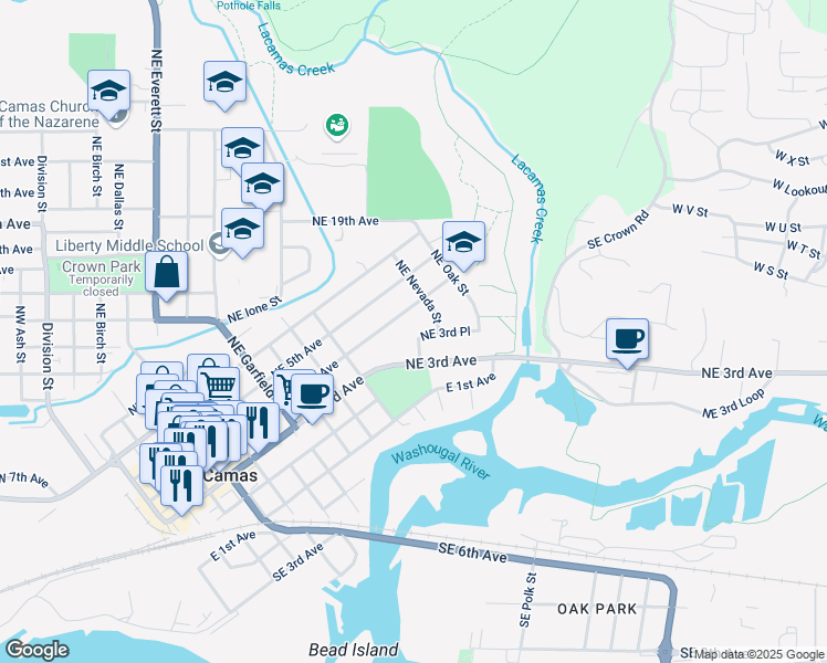 map of restaurants, bars, coffee shops, grocery stores, and more near 1301 Northeast 3rd Place in Camas