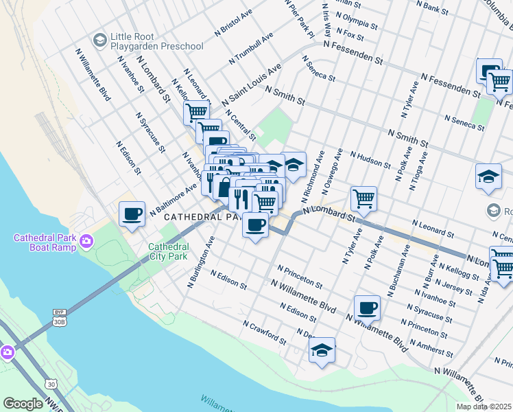 map of restaurants, bars, coffee shops, grocery stores, and more near 7340 North Philadelphia Avenue in Portland