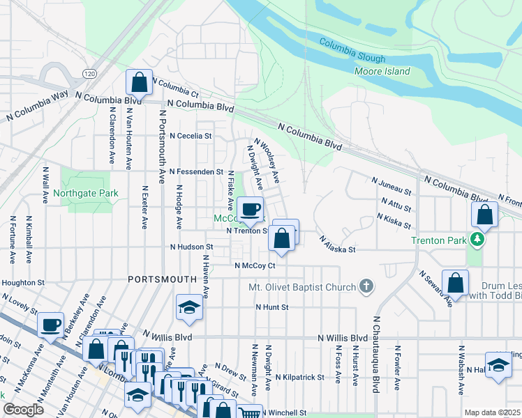 map of restaurants, bars, coffee shops, grocery stores, and more near 9217 North Dwight Avenue in Portland