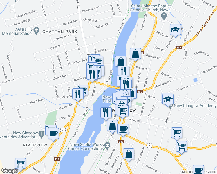 map of restaurants, bars, coffee shops, grocery stores, and more near 105 George Street in New Glasgow