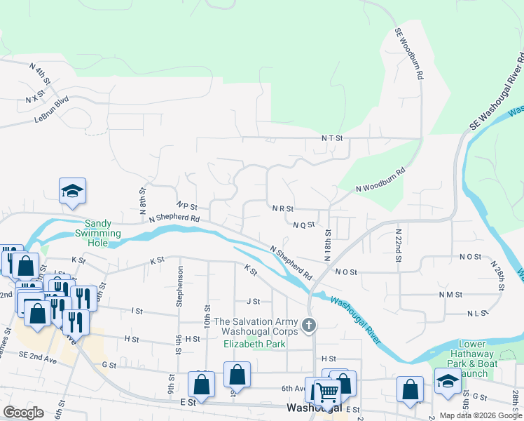 map of restaurants, bars, coffee shops, grocery stores, and more near 1456 North R Street in Washougal