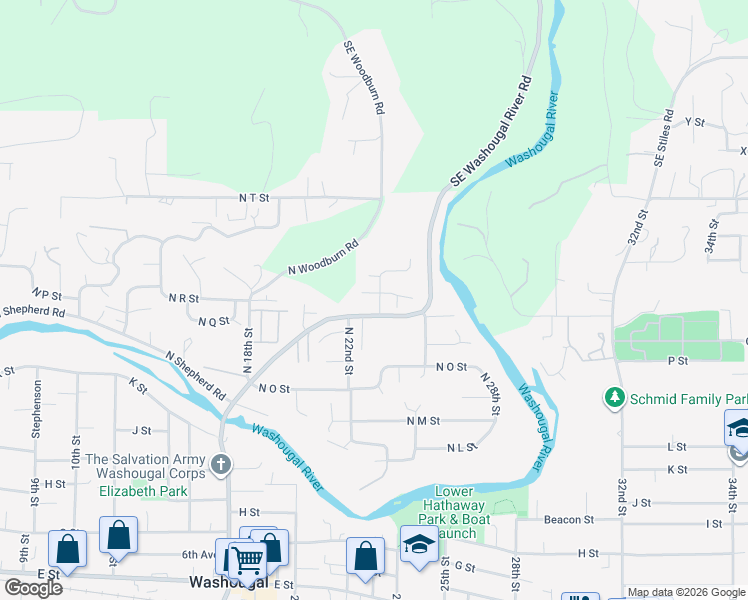 map of restaurants, bars, coffee shops, grocery stores, and more near 1781 North 23rd Street in Washougal