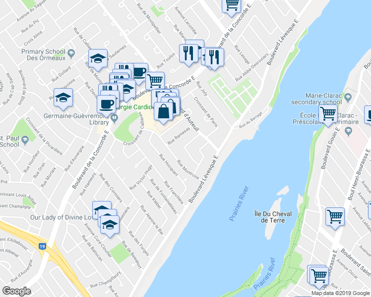 map of restaurants, bars, coffee shops, grocery stores, and more near Croissant Belcourt in Laval