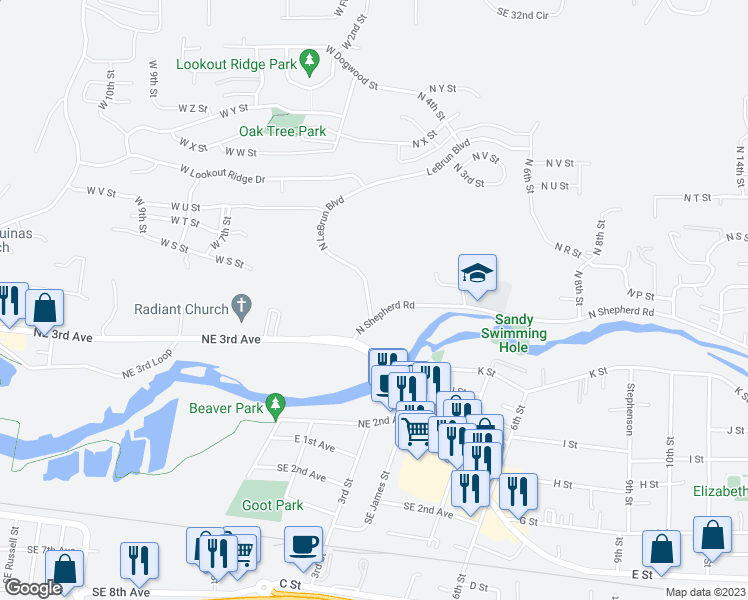 map of restaurants, bars, coffee shops, grocery stores, and more near 223 North Shepherd Road in Washougal