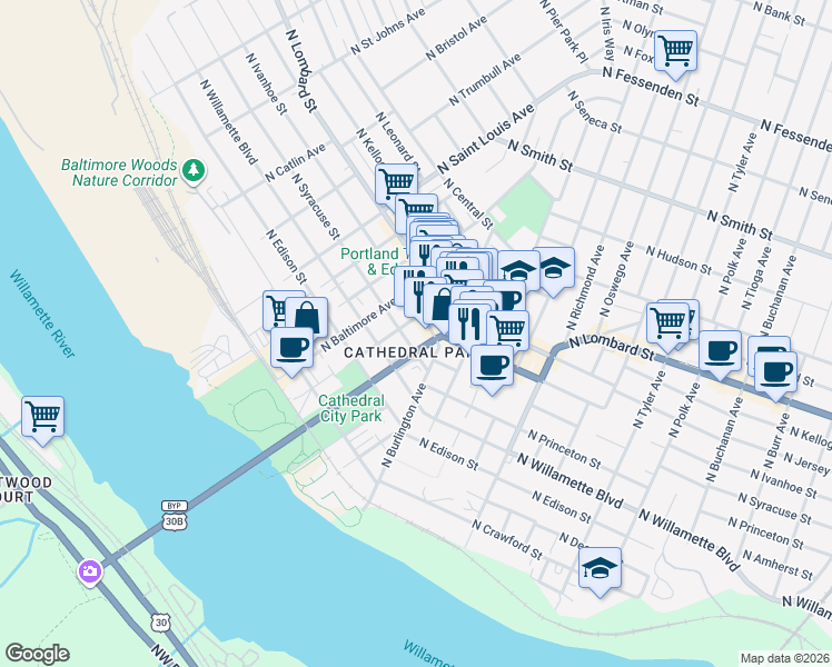 map of restaurants, bars, coffee shops, grocery stores, and more near 7227 North Philadelphia Avenue in Portland