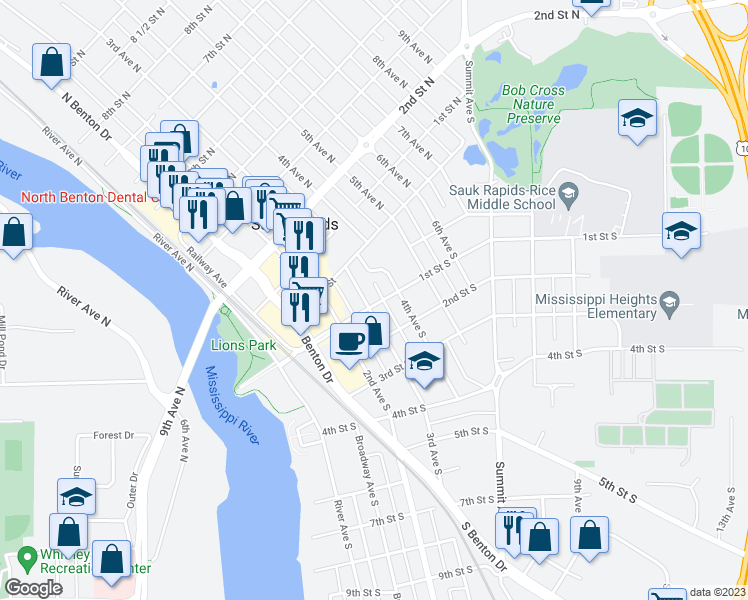map of restaurants, bars, coffee shops, grocery stores, and more near 303 1st Street North in Sauk Rapids