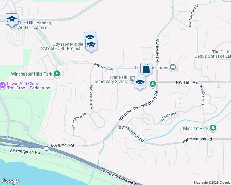 map of restaurants, bars, coffee shops, grocery stores, and more near 1407 Northwest Whitman Street in Camas