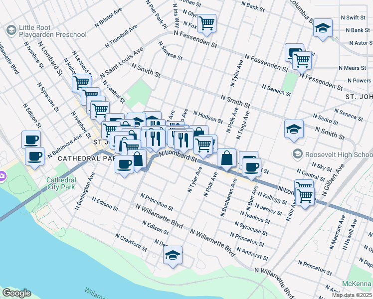 map of restaurants, bars, coffee shops, grocery stores, and more near 8005 North Lombard Street in Portland