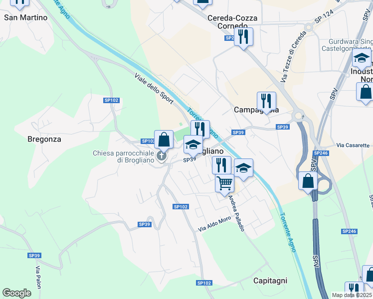 map of restaurants, bars, coffee shops, grocery stores, and more near Strada Provinciale 39 in Brogliano