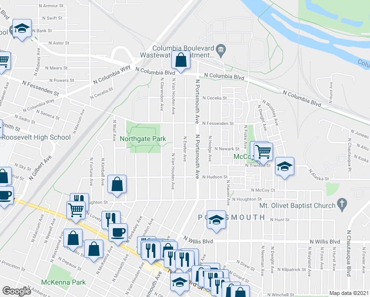 map of restaurants, bars, coffee shops, grocery stores, and more near N Exeter Ave & N Newark St in Portland