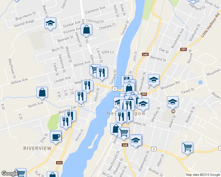 map of restaurants, bars, coffee shops, grocery stores, and more near 101 George Street in New Glasgow