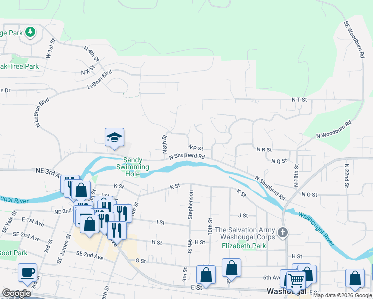 map of restaurants, bars, coffee shops, grocery stores, and more near 860 North P Street in Washougal