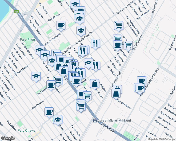 map of restaurants, bars, coffee shops, grocery stores, and more near 10550 Avenue Pelletier in Montréal