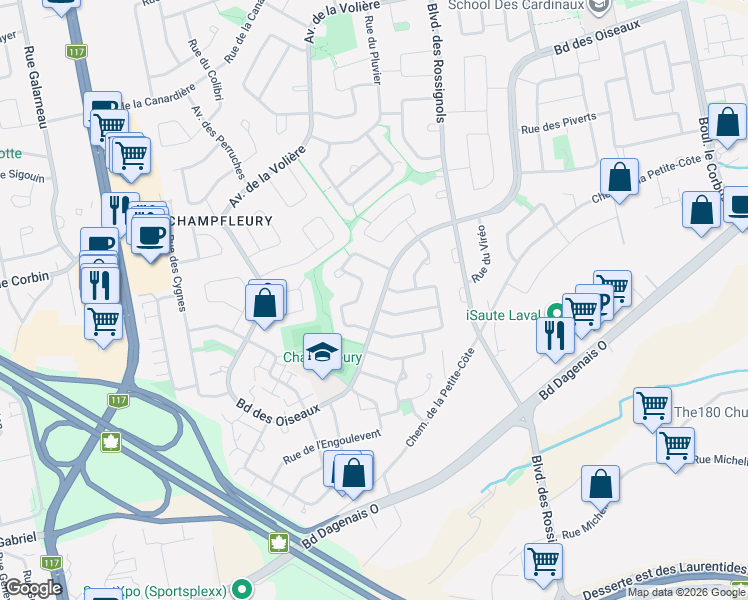 map of restaurants, bars, coffee shops, grocery stores, and more near 2499 Boulevard des Oiseaux in Laval
