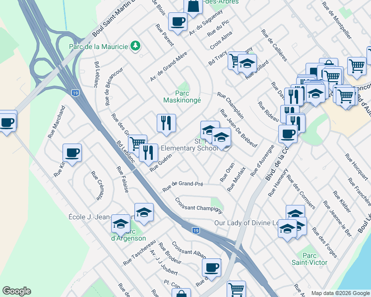 map of restaurants, bars, coffee shops, grocery stores, and more near 1340 Rue de Port-Royal in Laval
