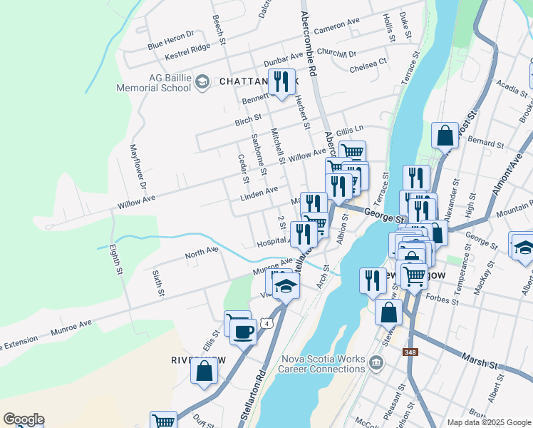 map of restaurants, bars, coffee shops, grocery stores, and more near 140 Maple Avenue in New Glasgow