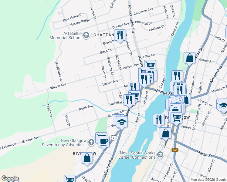 map of restaurants, bars, coffee shops, grocery stores, and more near 140 Maple Avenue in New Glasgow