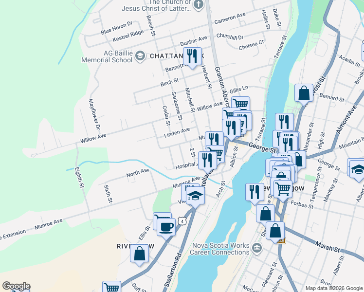 map of restaurants, bars, coffee shops, grocery stores, and more near 16 2 Street in New Glasgow