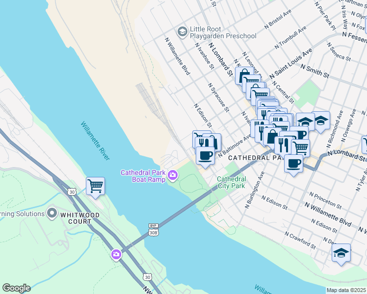 map of restaurants, bars, coffee shops, grocery stores, and more near 9040 North Bradford Street in Portland