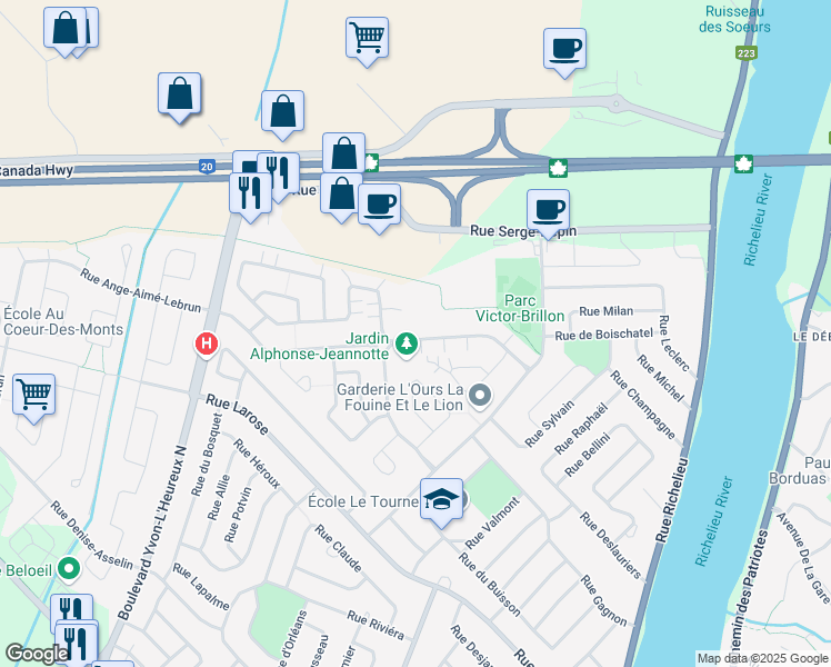 map of restaurants, bars, coffee shops, grocery stores, and more near 61 Avenue Carmen-Bienvenu in Beloeil